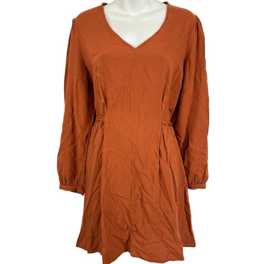 Nine West Womens Burnt Orange Long Puff Sleeve Mini V-Neck Dress Rayon sz L